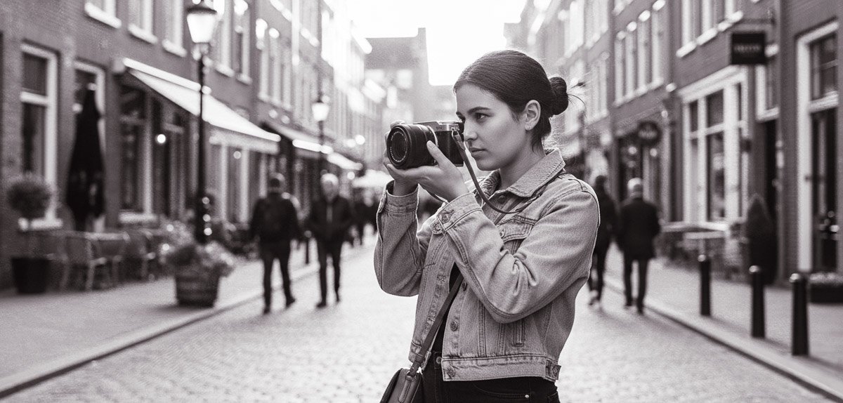A young woman with dark hair, wearing a light blue denim jacket and a brown cross-body bag, holds a silver and black Fujifilm X-M5 camera up to her eye, seemingly taking a picture on a cobblestone street in a European-style city.